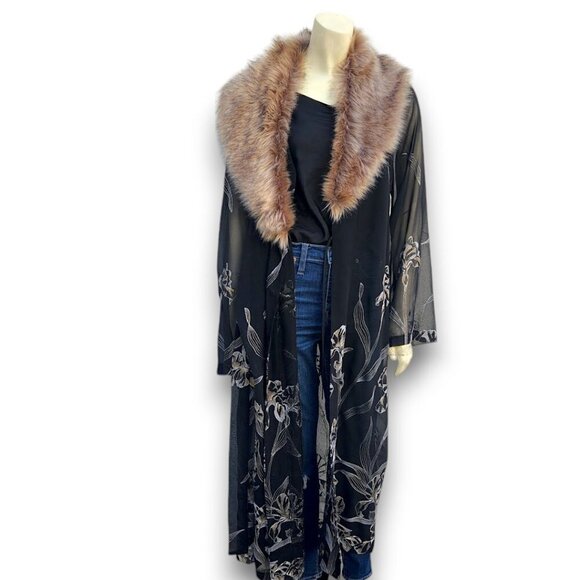 BCBGMaxAzria Sheer Embroidered Fur Trim Kimono - Picture 2 of 13